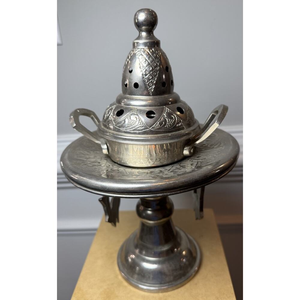 Vintage Moroccan Style Metal Incense Burner Stand 11” Pierced Lid - Picture 7 of 11